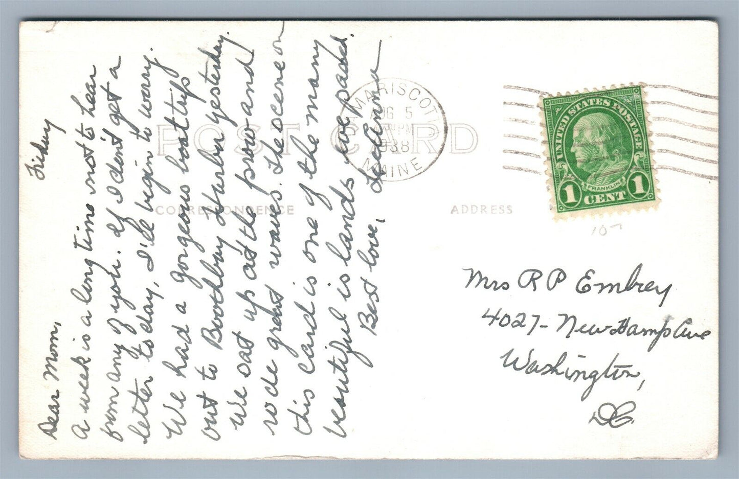 BOOTHBAY HARBOR ME BURNT ISLAND LIGHTHOUSE 1938 VINTAGE REAL PHOTO POSTCARD RPPC