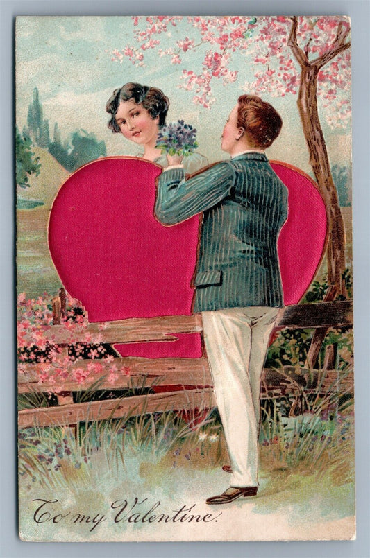 VALENTINE ANTIQUE EMBOSSED POSTCARD w/ SILK HEART series 6857