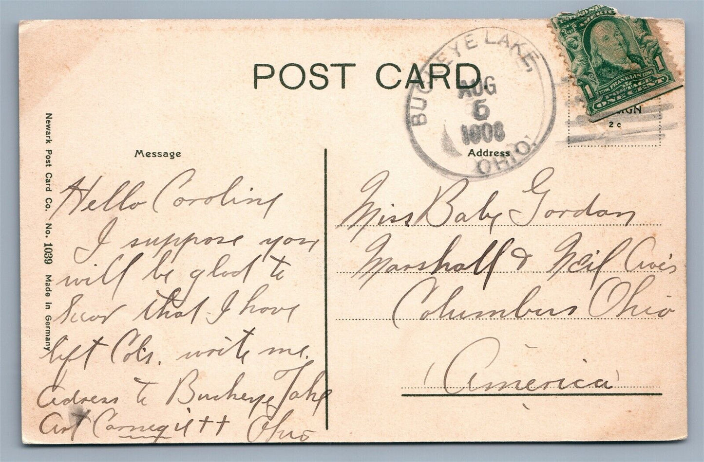 BUCKEYE LAKE OH SHELL BEACH HOTEL 1908 ANTIQUE POSTCARD