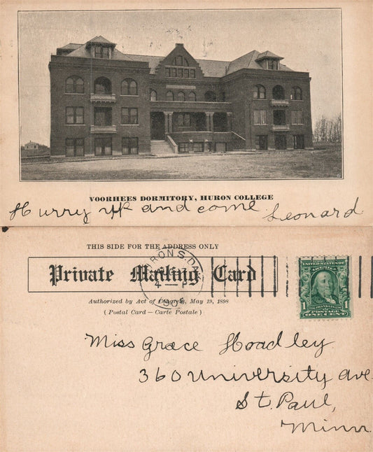 HURON COLLEGE S.D. VOORHEES DORMITORY ANTIQUE POSTCARD PRIVATE MAILING CARD