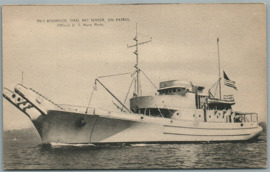 US NAVY SHIP YN-3 BOXWOOD STEEL NET TENDER ON PATROL VINTAGE POSTCARD