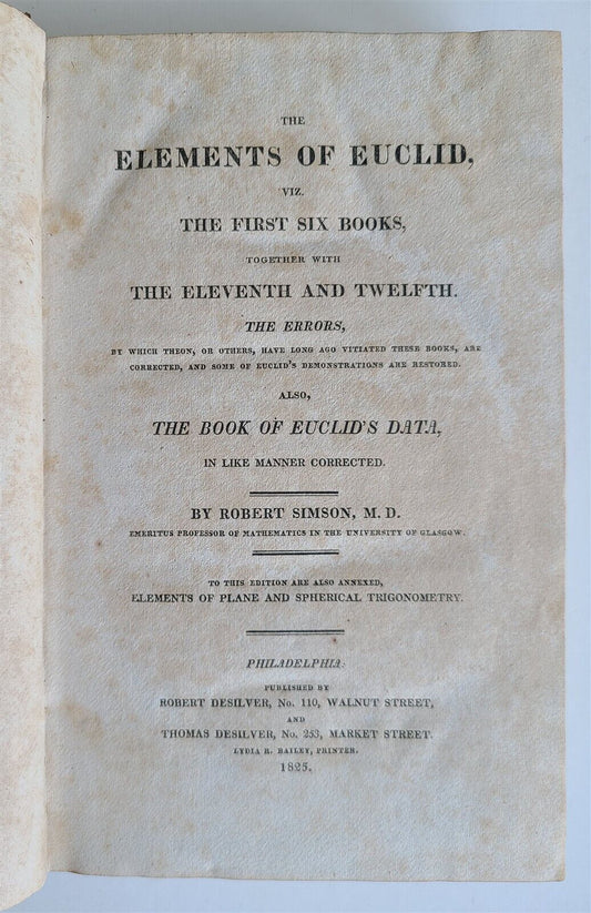 1825 ELEMENTS of EUCLID by ROBERT SIMSON GEOMETRY antique in ENGLISH AMERICANA