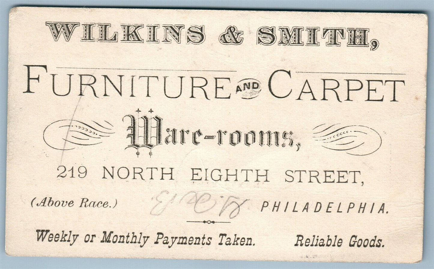 FURNITURE & CARPET ANTIQUE ADVERTISING VICTORIAN TRADE CARD PHILADELPHIA PA