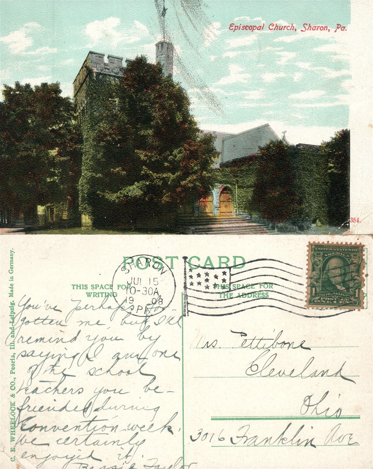 SHARON PA EPISCOPAL CHURCH 1908 ANTIQUE POSTCARD