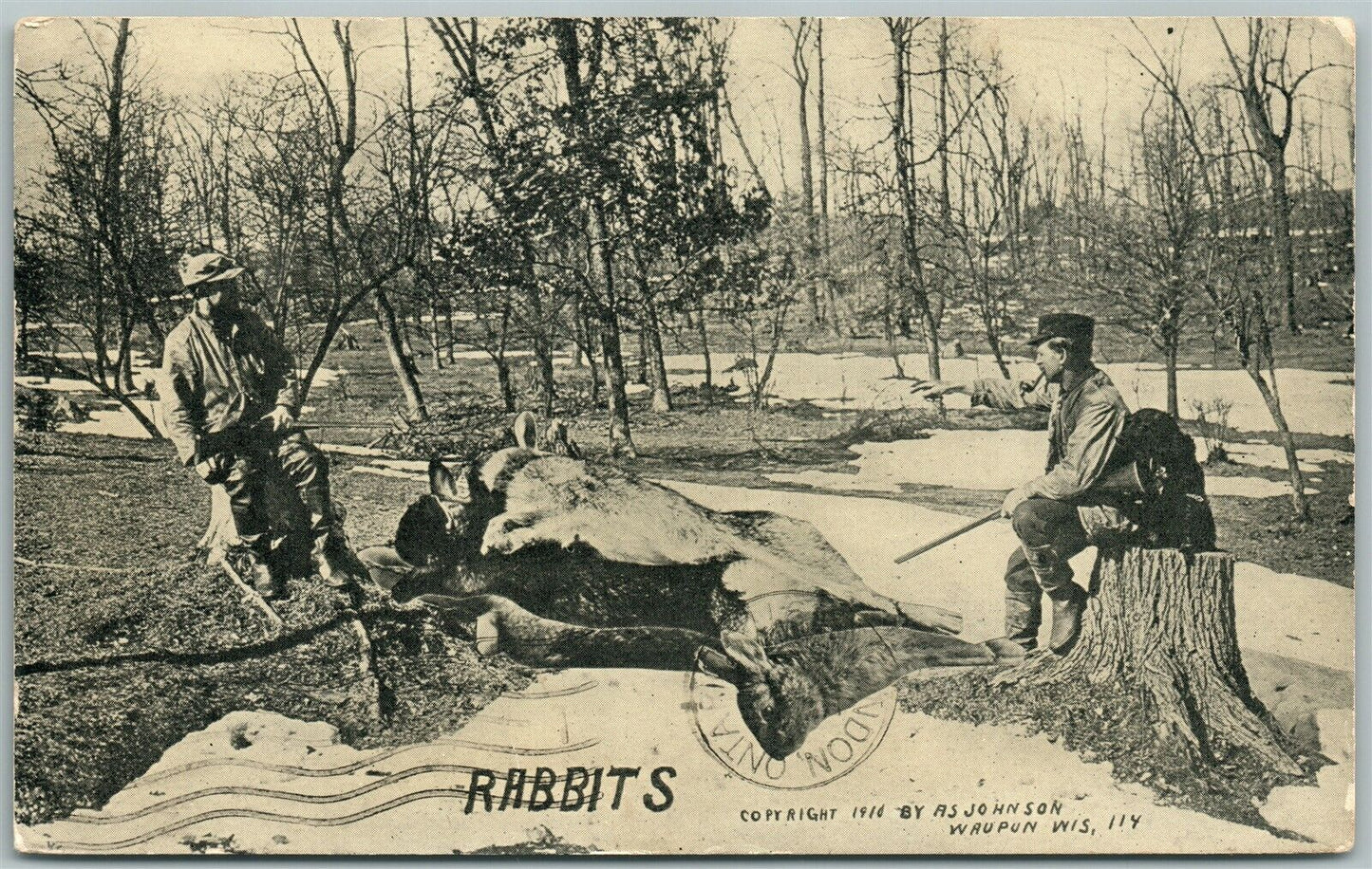 WAUPON WI HUNTING RABBIT EXAGGERATED 1911 ANTIQUE POSTCARD