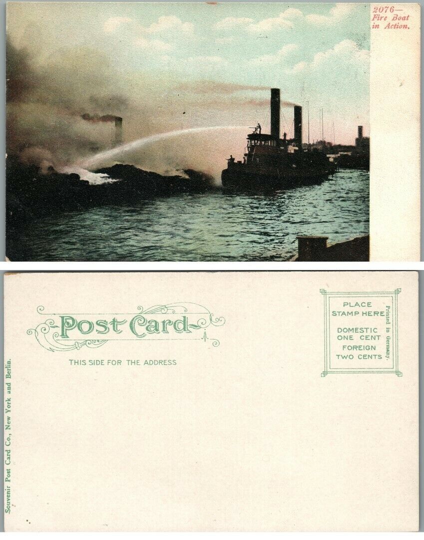 FIRE BOAT IN ACTION ANTIQUE UNDIVIDED POSTCARD