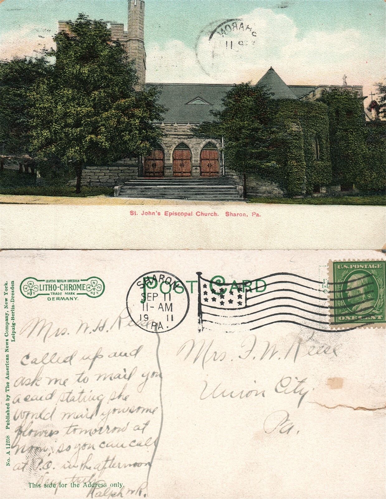 SHARON PA ST.JOHN'S EPISCOPAL CHURCH 1911 ANTIQUE POSTCARD