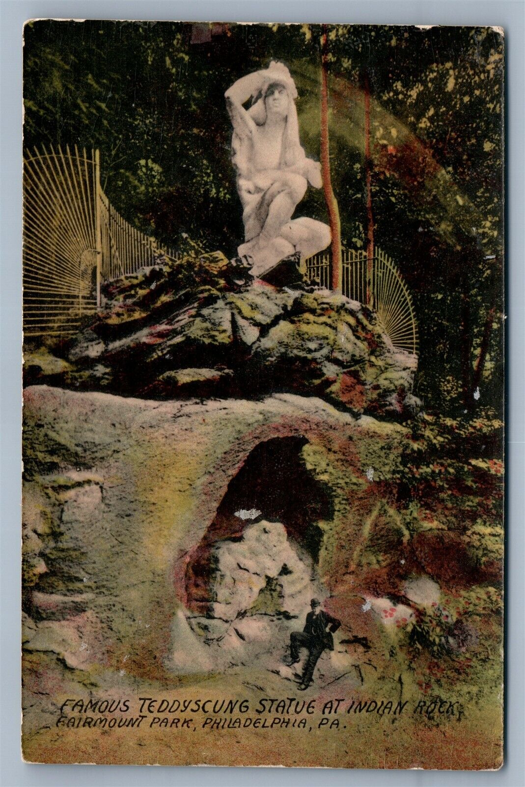 PHILADELPHIA PA FAIRMONT PARK TEDDYSCUNG STATUE AT INDIAN ROCK ANTIQUE POSTCARD