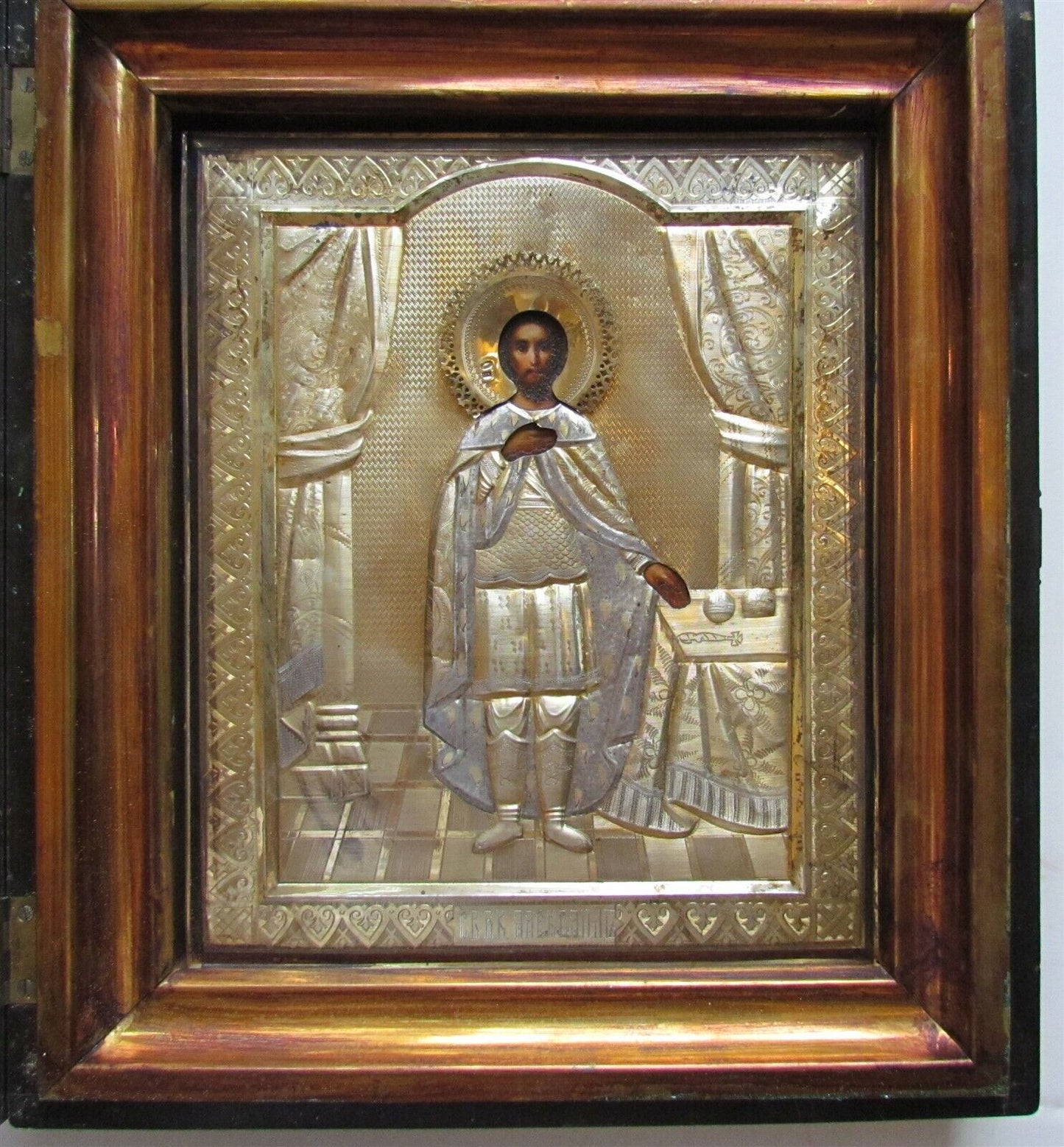 RUSSIAN ICON of ST. ALEXANDER NEVSKY w/ SILVER OKLD & KIOT ANTIQUE HAND PAINTED