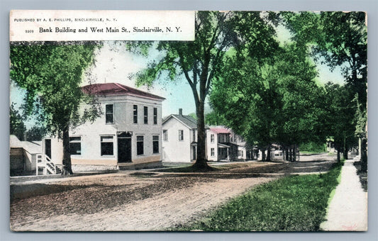 SINCLAIRVILLE NY WEST MAIN STREET & BANK ANTIQUE POSTCARD