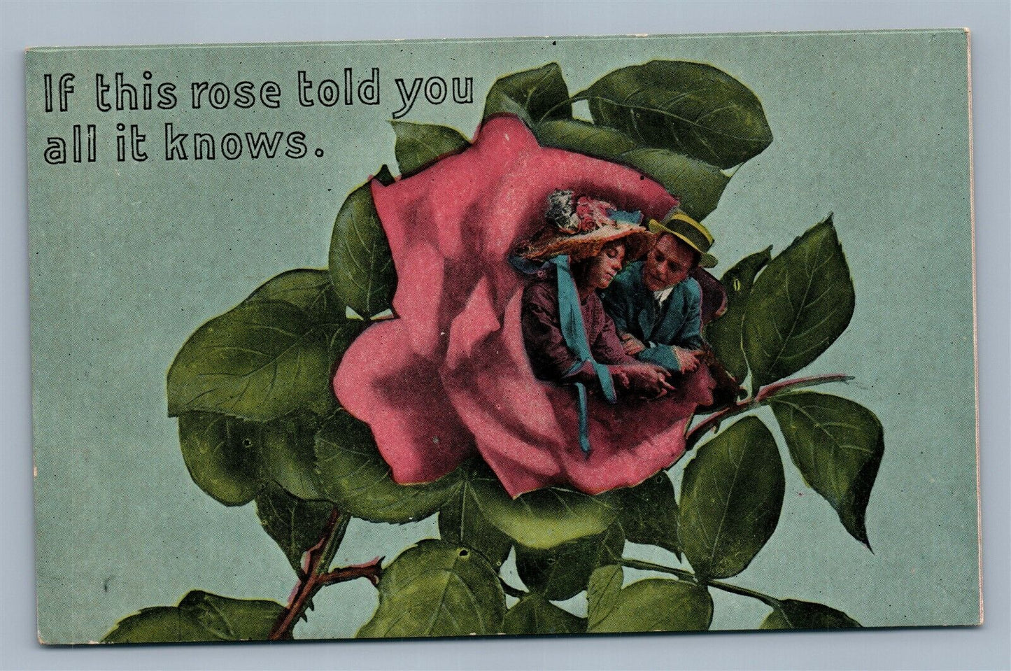 ROMANTIC COUPLE IN ROSE FLOWER ANTIQUE POSTCARD