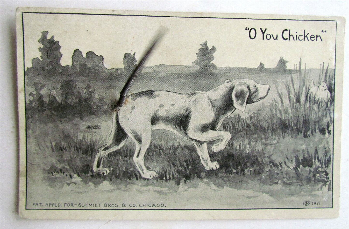 DOG w/ ATTACHED METAL WIRE TAIL MECHANICAL ANTIQUE POSTCARD