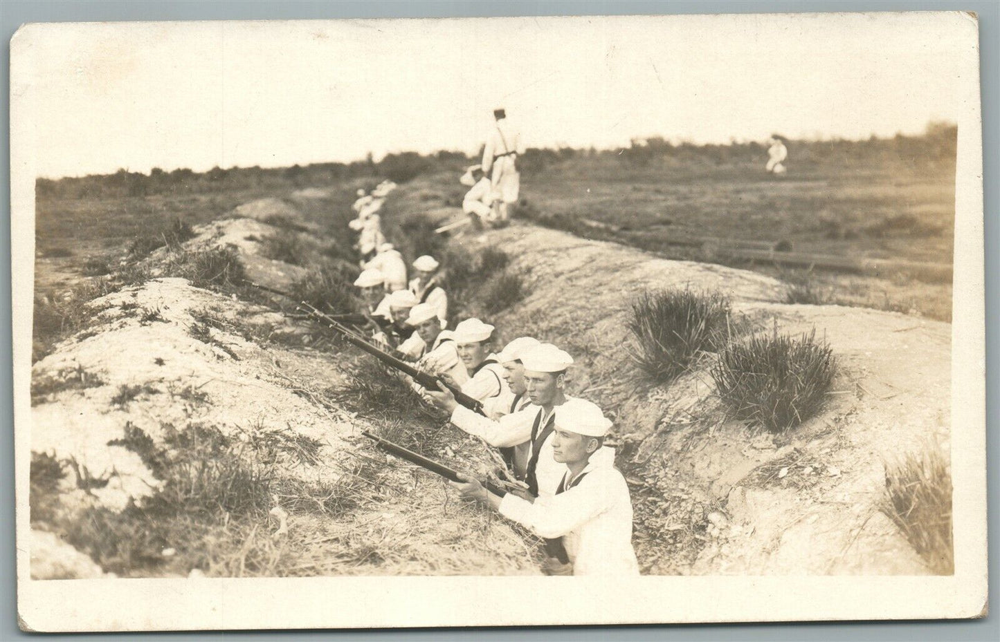 MILITARY FORTIFICATIONS WWI SAILORS w/ RILES ANTIQUE REAL PHOTO POSTCARD RPPC