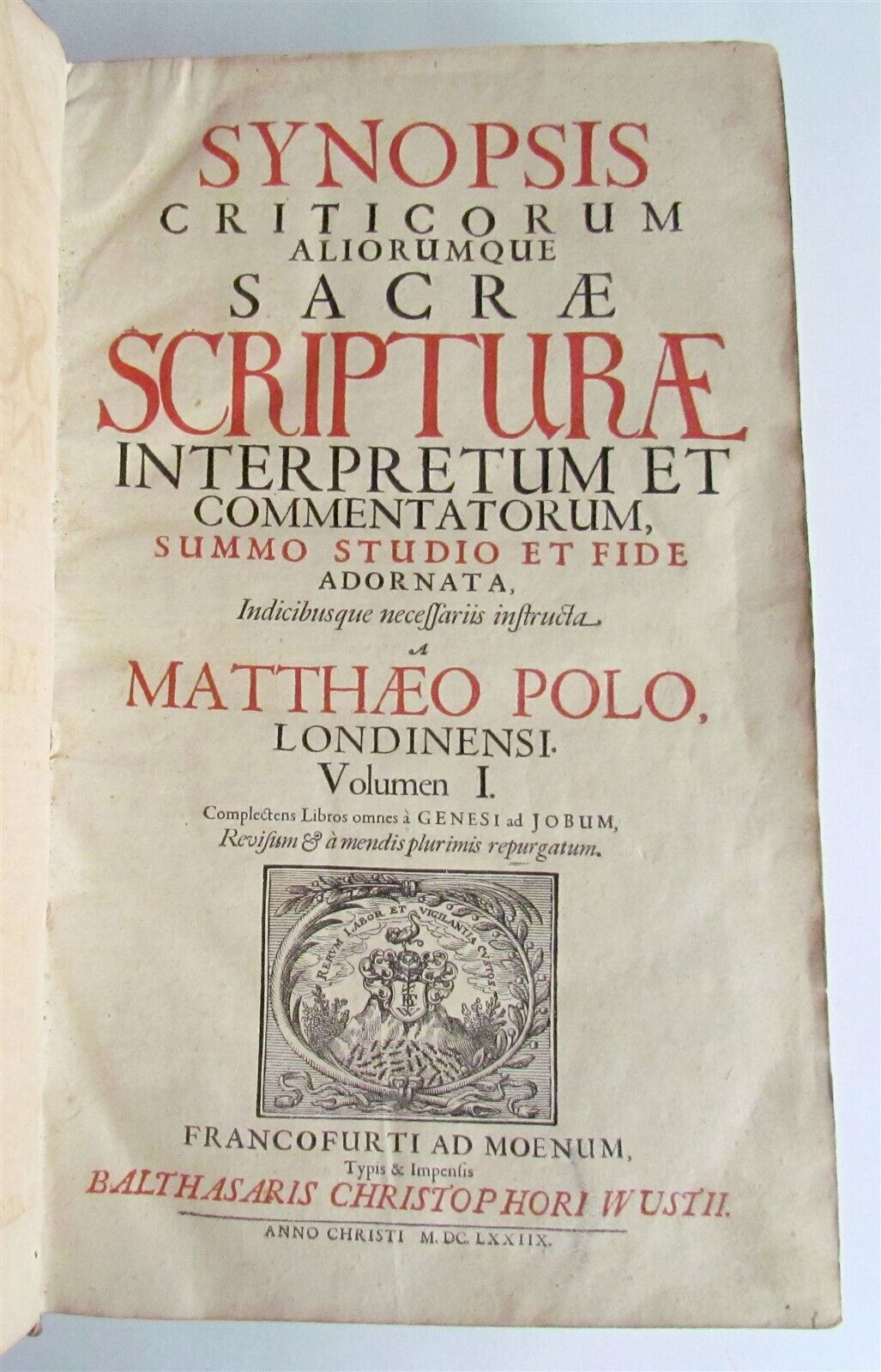 1678 BIBLE COMMENTARY by MATHEO POLO antique PIGSKIN BOUND MASSIVE FOLIO v. I