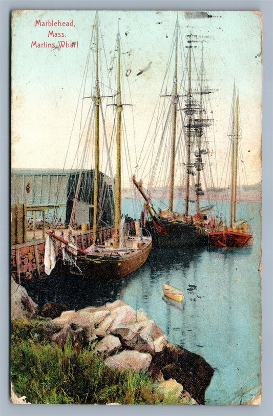 MARBLEHEAD MA MARTINS WHARF 1907 ANTIQUE POSTCARD