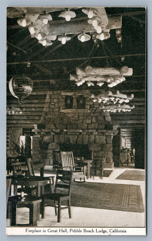 PEBBLE BEACH LODGE CA GREAT HALL FIREPLACE ANTIQUE POSTCARD