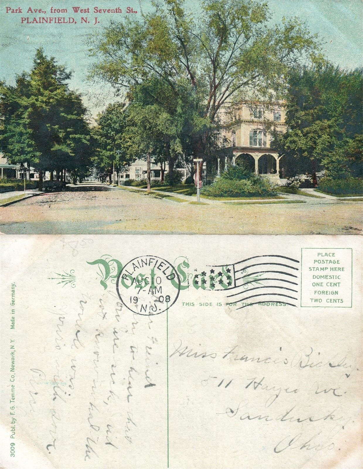 PLAINFIELD N.J. PARK AVENUE FROM WEST SEVENTH STREET 1908 ANTIQUE POSTCARD
