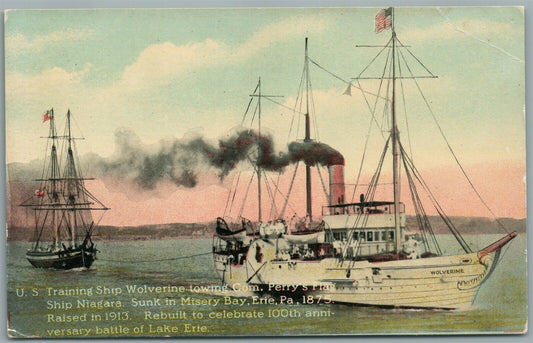 US TRAINING SHIP WOLVERINE TOWING COM. PERRY'S FLAG NIAGARA ANTIQUE POSTCARD