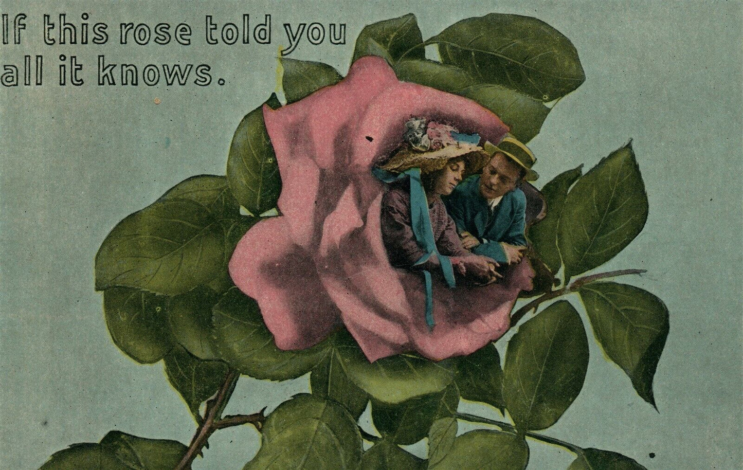 ROMANTIC COUPLE in ROSE FLOWER 1915 EXAGGERATED ANTIQUE POSTCARD