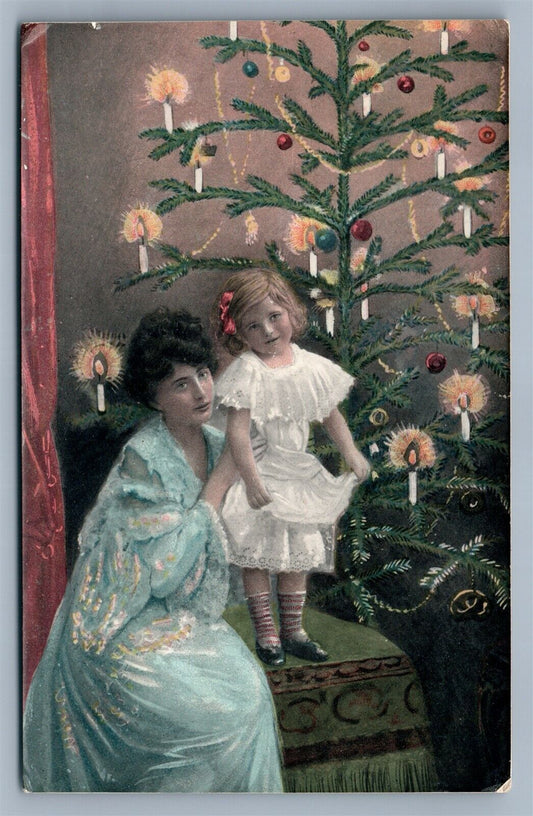 MOTHER & DAUGHTER w/ CHRISTMAS TREE ANTIQUE POSTCARD