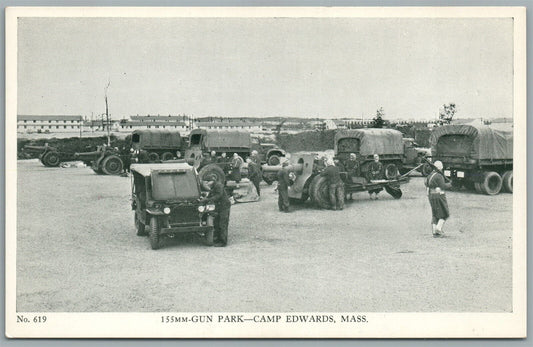 CAMP EDWARDS MA 155 mm GUN PARK ANTIQUE POSTCARD TRUCKS ARTILLERY CANNONS