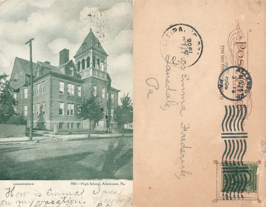 ALLENTOWN PA HIGH SCHOOL 1906 UNDIVIDED ANTIQUE POSTCARD
