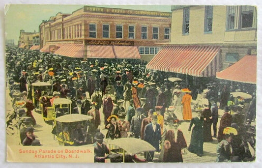 SUNDAY PARADE ON BOARDWALK ATLANTIC CITY N.J. ANTIQUE 1910 POSTCARD