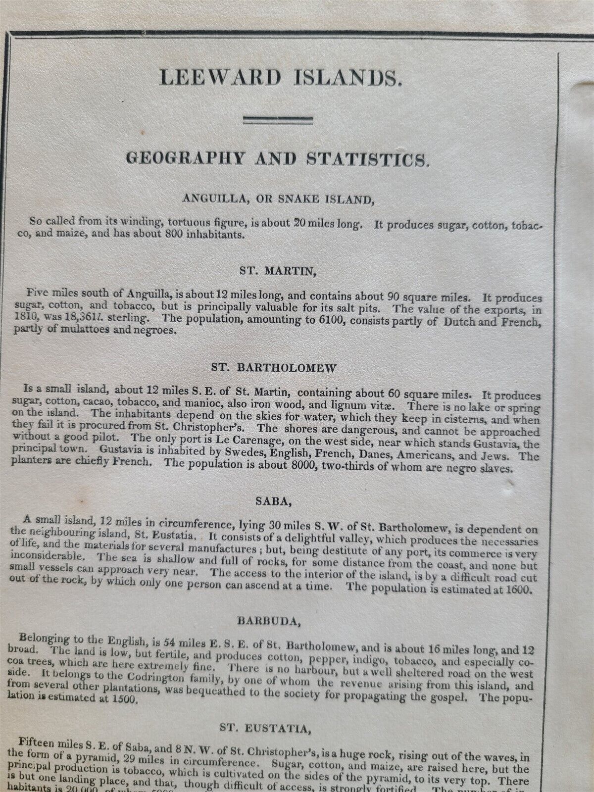 1822 MAP of LEEWARD ISLANDS GEOGRAPHICAL STATISTICAL HISTORICAL antique 17.5x22"