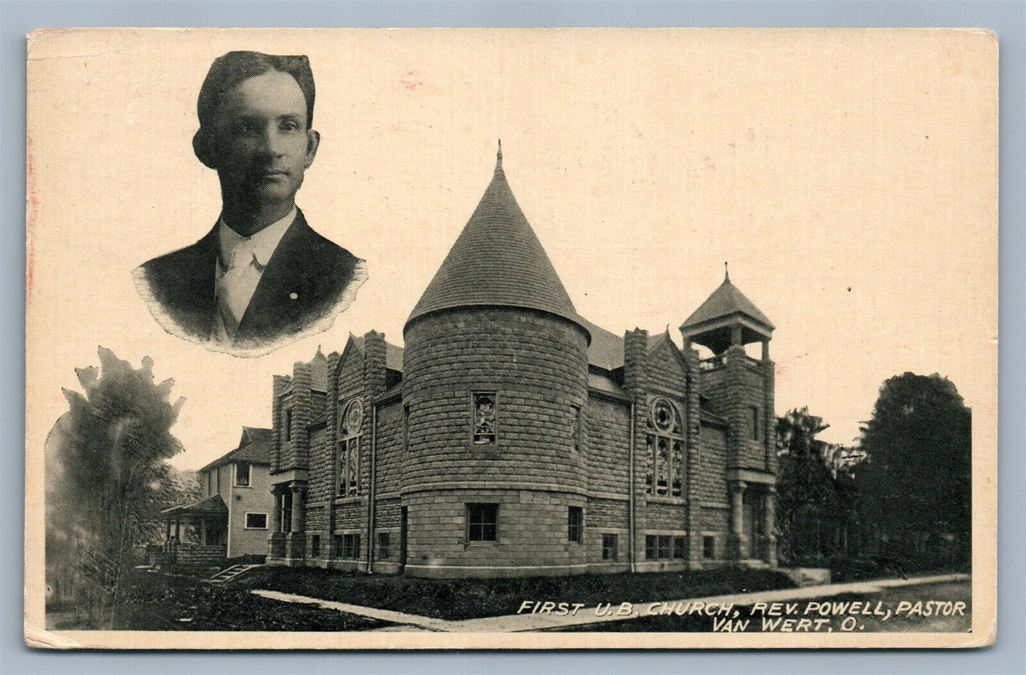 VAN WERT OH FIRST U.B. CHURCH POST CARD PUBLISHER ADVERTISING ANTIQUE POSTCARD