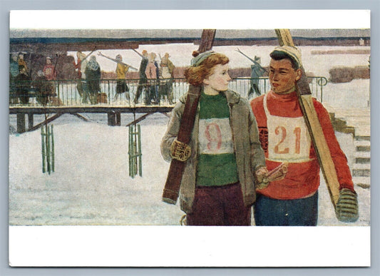 SKIERS RUSSIAN VINTAGE POSTCARD