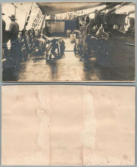 NAVAL SCENE SHIP FLOOR CLEANING ANTIQUE REAL PHOTO POSTCARD RPPC