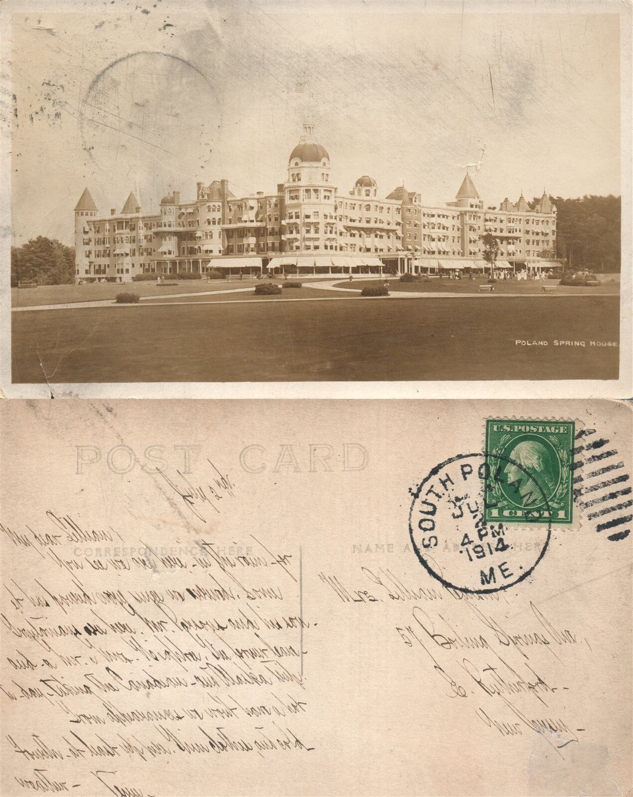 POLAND SPRING HOUSE HOTEL ME 1914 ANTIQUE REAL PHOTO POSTCARD RPPC CORK CANCEL