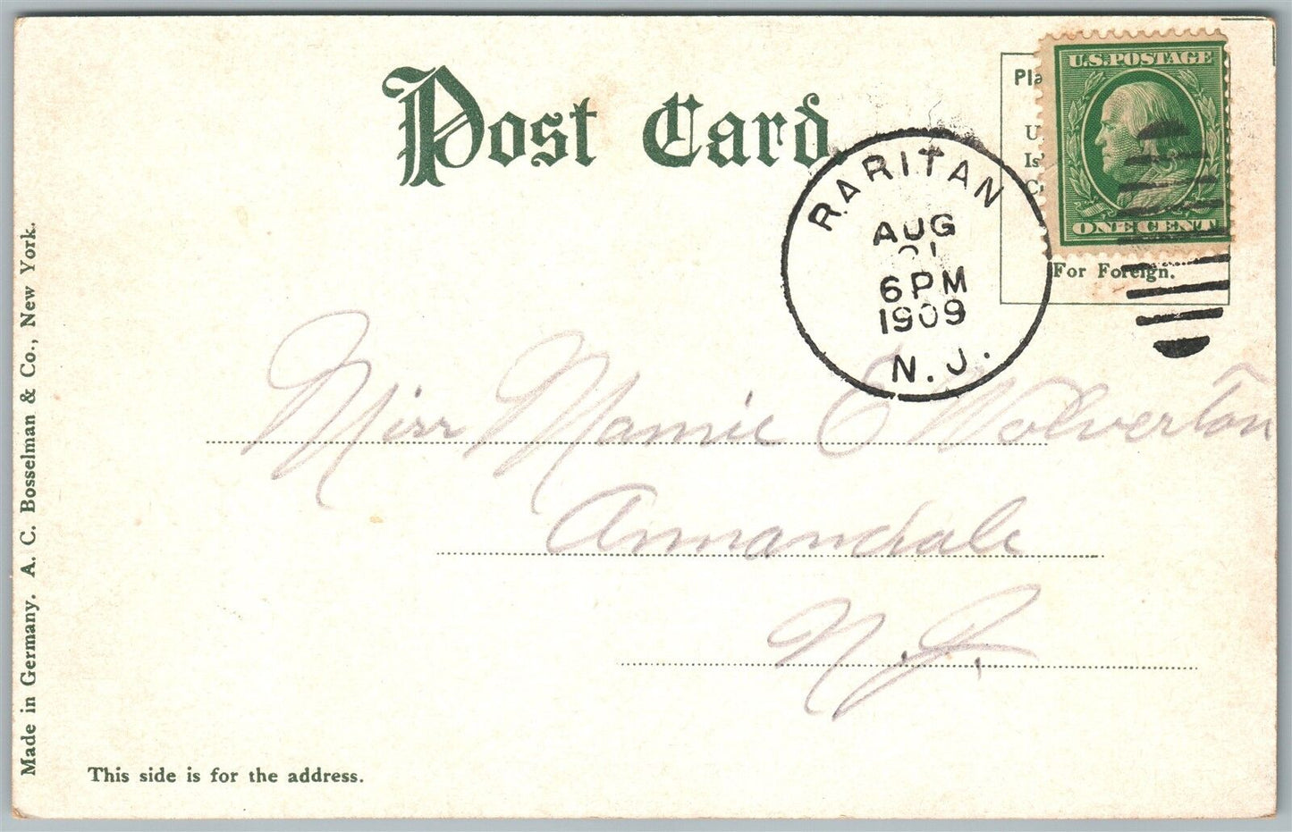 SOMERVILLE NJ SECOND REFORMED CHURCH 1909 ANTIQUE POSTCARD CORK STAMP