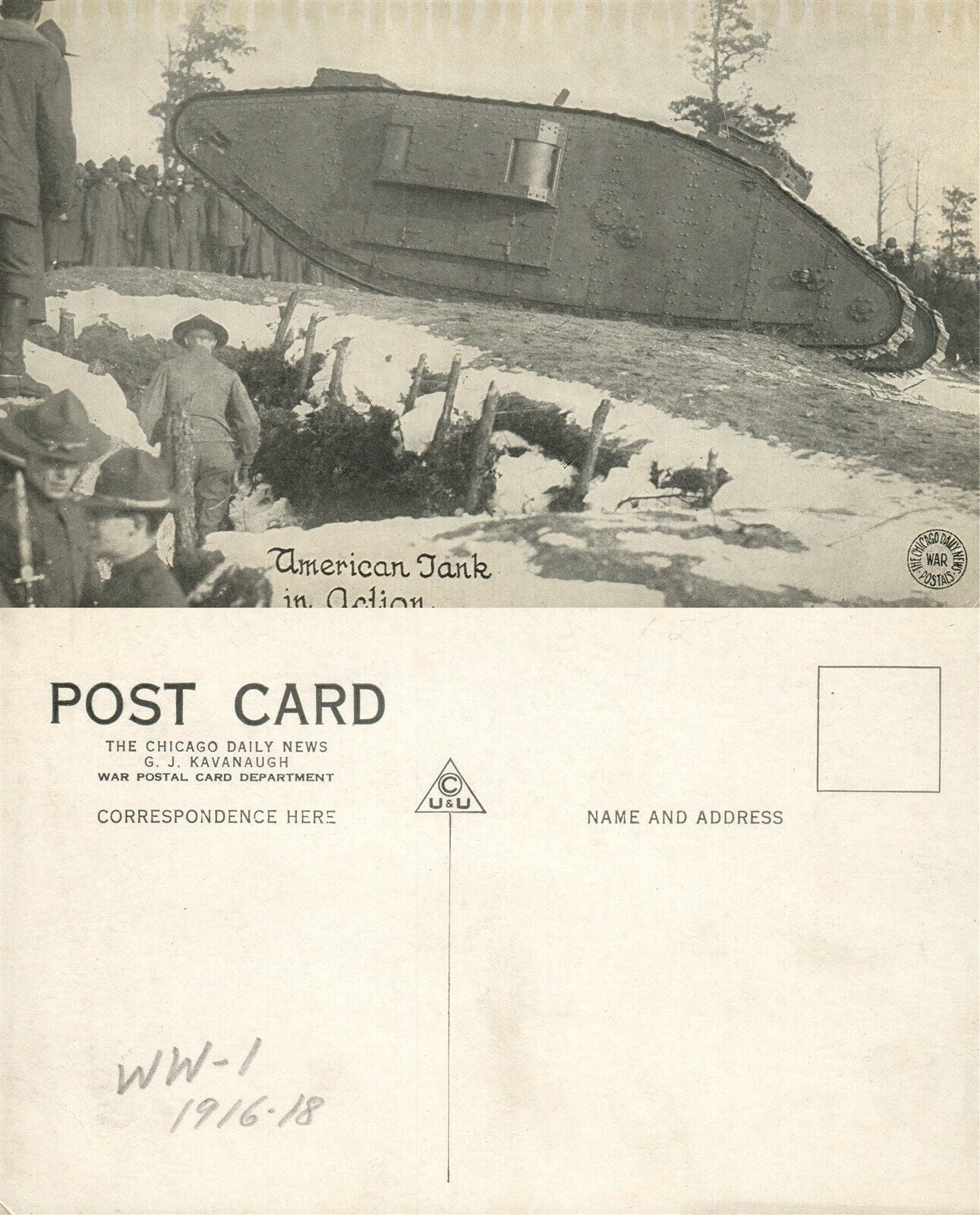 AMERICAN TANK IN ACTION WWI ANTIQUE POSTCARD