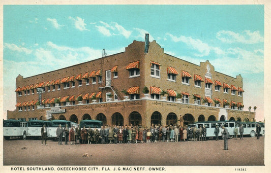 OKEECHOBEE CITY FL HOTEL SOUTHLAND 1939 VINTAGE POSTCARD w/ CORK CANCEL