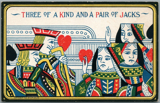 PLAYING CARDS THREE OF A KIND & PAIR OF JACKS ANTIQUE POSTCARD