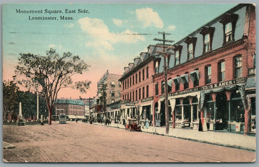LEOMINSTER MA MONUMENT SQUARE EAST SIDE ANTIQUE POSTCARD