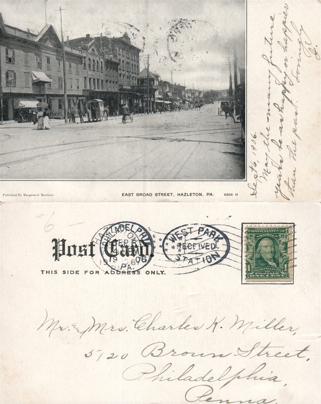 HAZLETON PA EAST BROAD STREET ANTIQUE 1906 UNDIVIDED POSTCARD