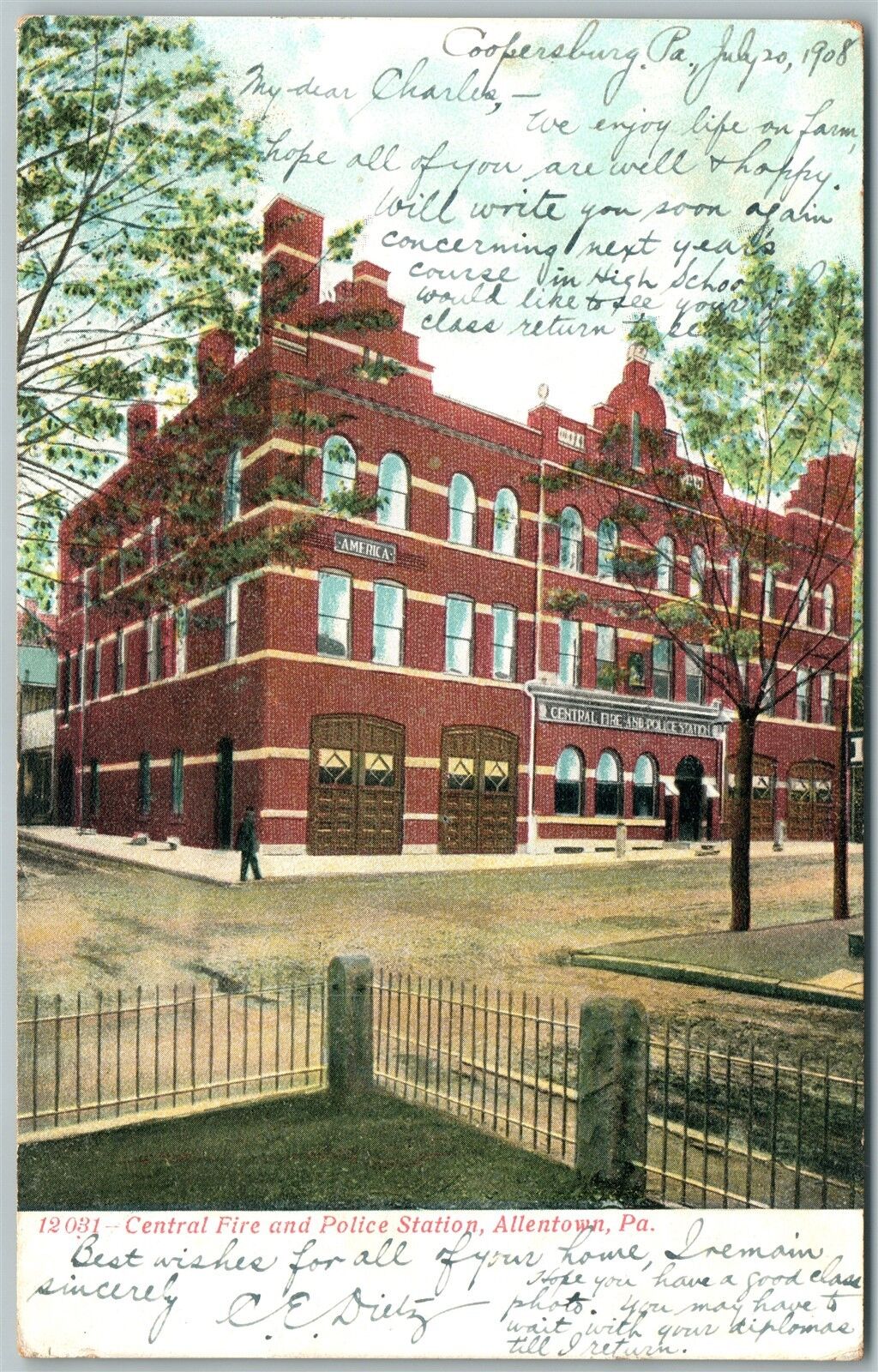 ALLENTOWN PA CENTRAL FIRE & POLICE STATION 1908 UNDIVIDED ANTIQUE POSTCARD