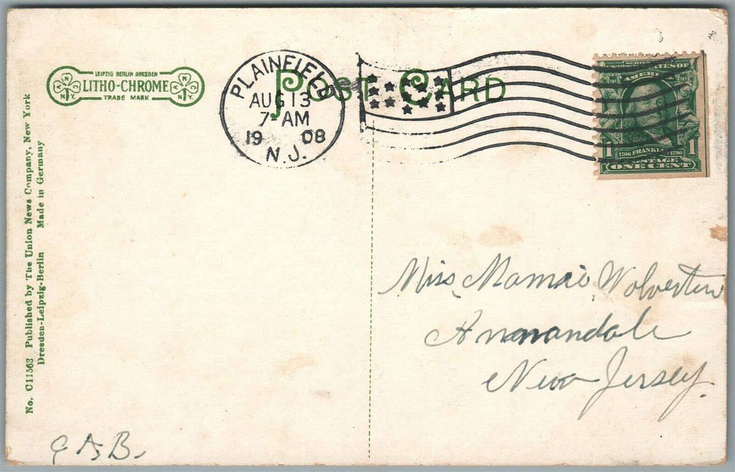 PLAINFIELD NJ GRANT & DUNNELEN AVENUE ANTIQUE POSTCARD