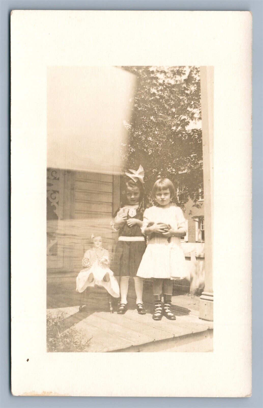 GIRLS w/ LARGE DOLL & PUPPY ANTIQUE REAL PHOTO POSTCARD RPPC