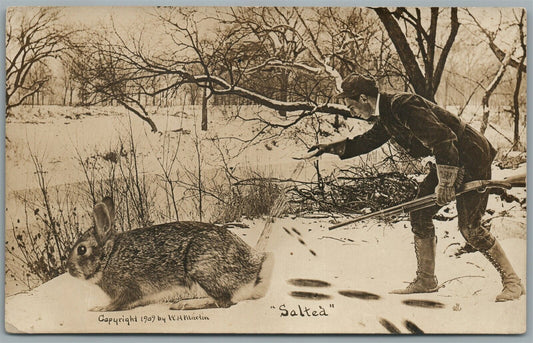 EXAGGERATED RABBIT hunter w/rifle by W.H.MARTIN ANTIQUE REAL PHOTO POSTCARD RPPC