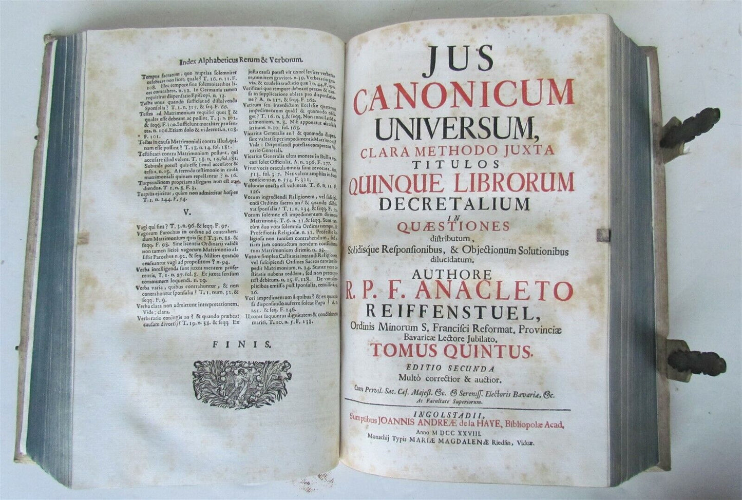 1729 CANON LAW Jus Canonicum Universum antique HAND TOOLED PIGSKIN BOUND FOLIO