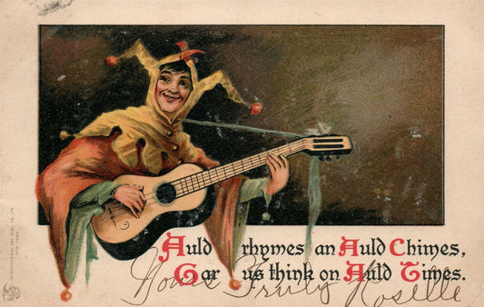 HARLEQUIN PLAYING GUITAR 1906 UNDIVIDED ANTIQUE POSTCARD w/ CORK CANCEL