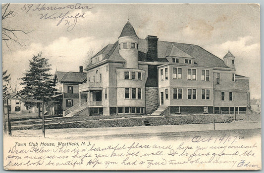 WESTFIELD NJ TOWN CLUB HOUSE UNDIVIDED 1907 ANTIQUE POSTCARD
