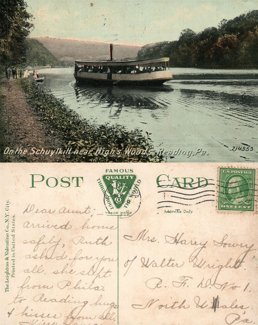 READING PA ON SCHUYLKILL NEAR HIGH WOODS BOAT ANTIQUE POSTCARD
