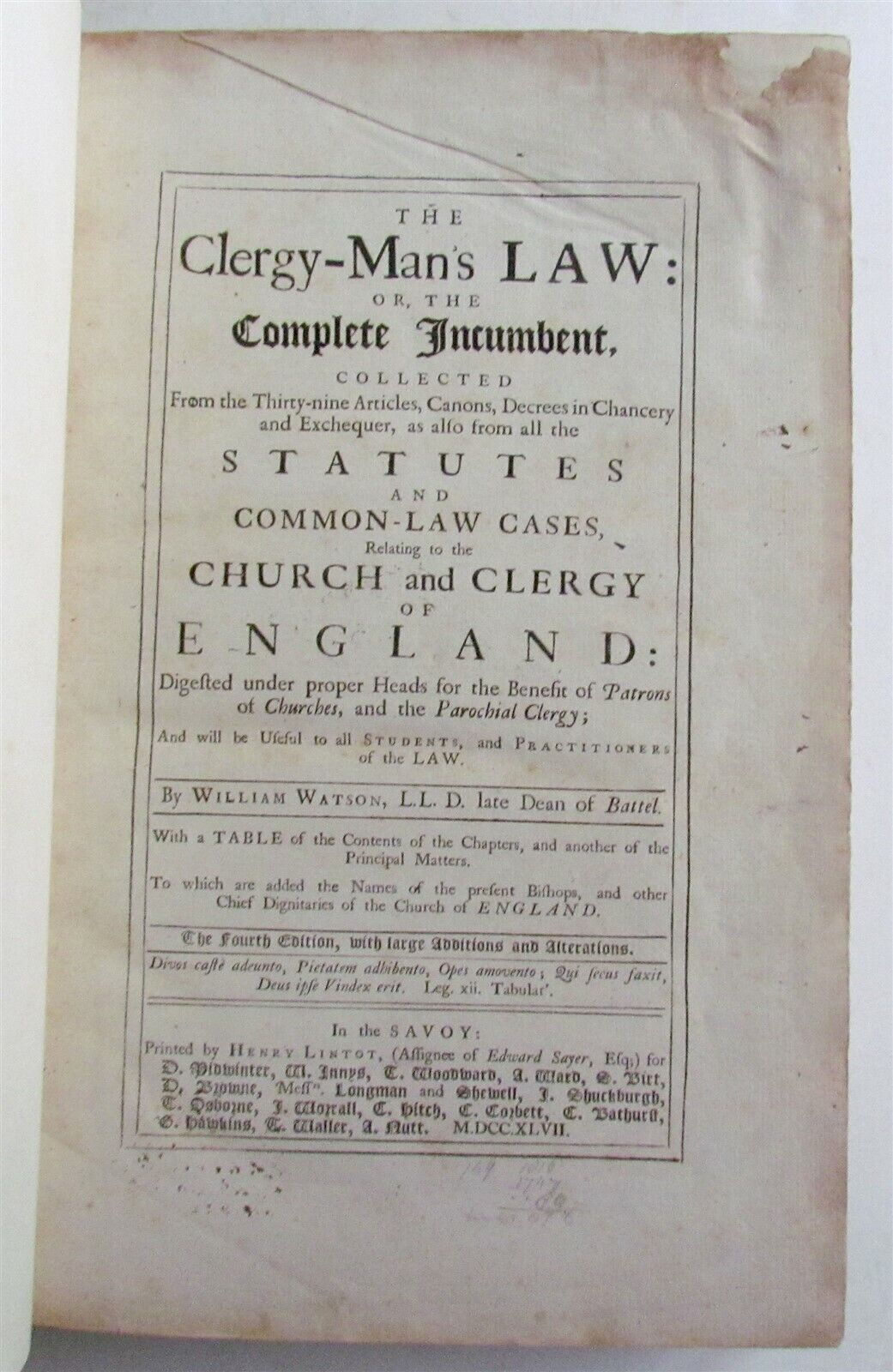 1747 CLERGY-MANS LAW by WILLIAM WATSON antique in ENGLISH FOLIO