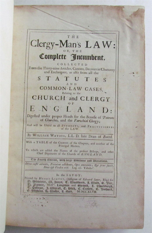 1747 CLERGY-MANS LAW by WILLIAM WATSON antique in ENGLISH FOLIO