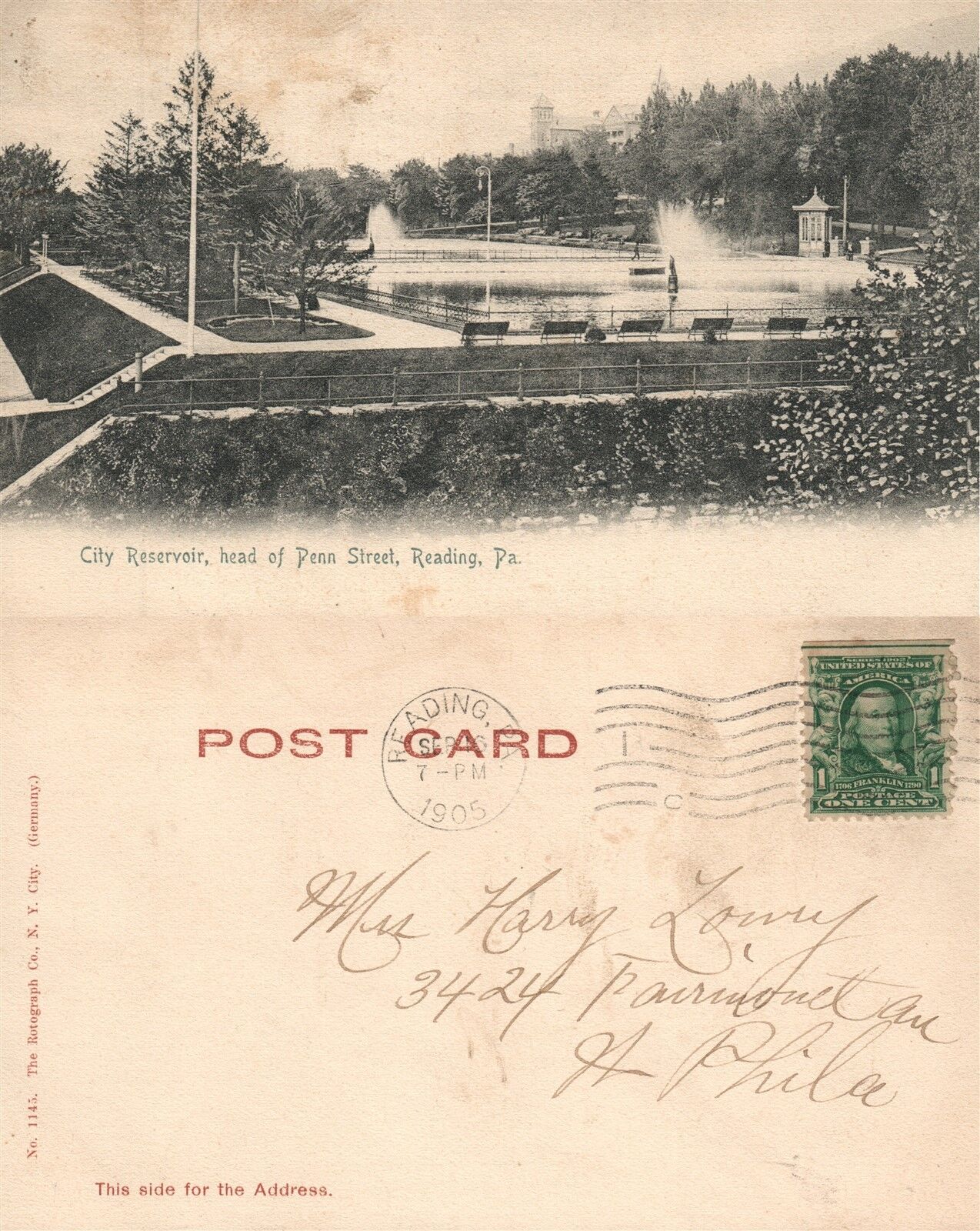 READING PA CITY RESERVOIR 1905 UNDIVIDED ANTIQUE POSTCARD