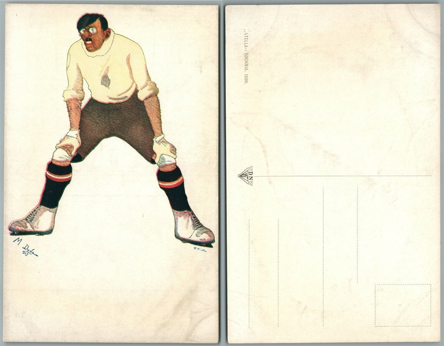 FOOTBALL PLAYER 1912 ANTIQUE COMIC POSTCARD ARTIST SIGNED M.DUDA